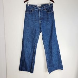 Mango Nora Button-fly Wide Leg Raw Hem Blue Jeans Size 8